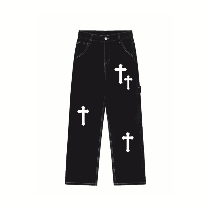 Cross Pattern Solid Color Denim Pants