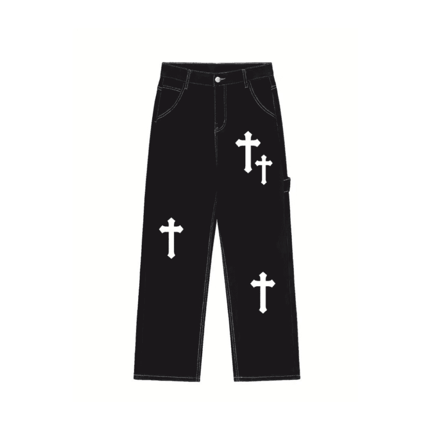 Cross Pattern Solid Color Denim Pants